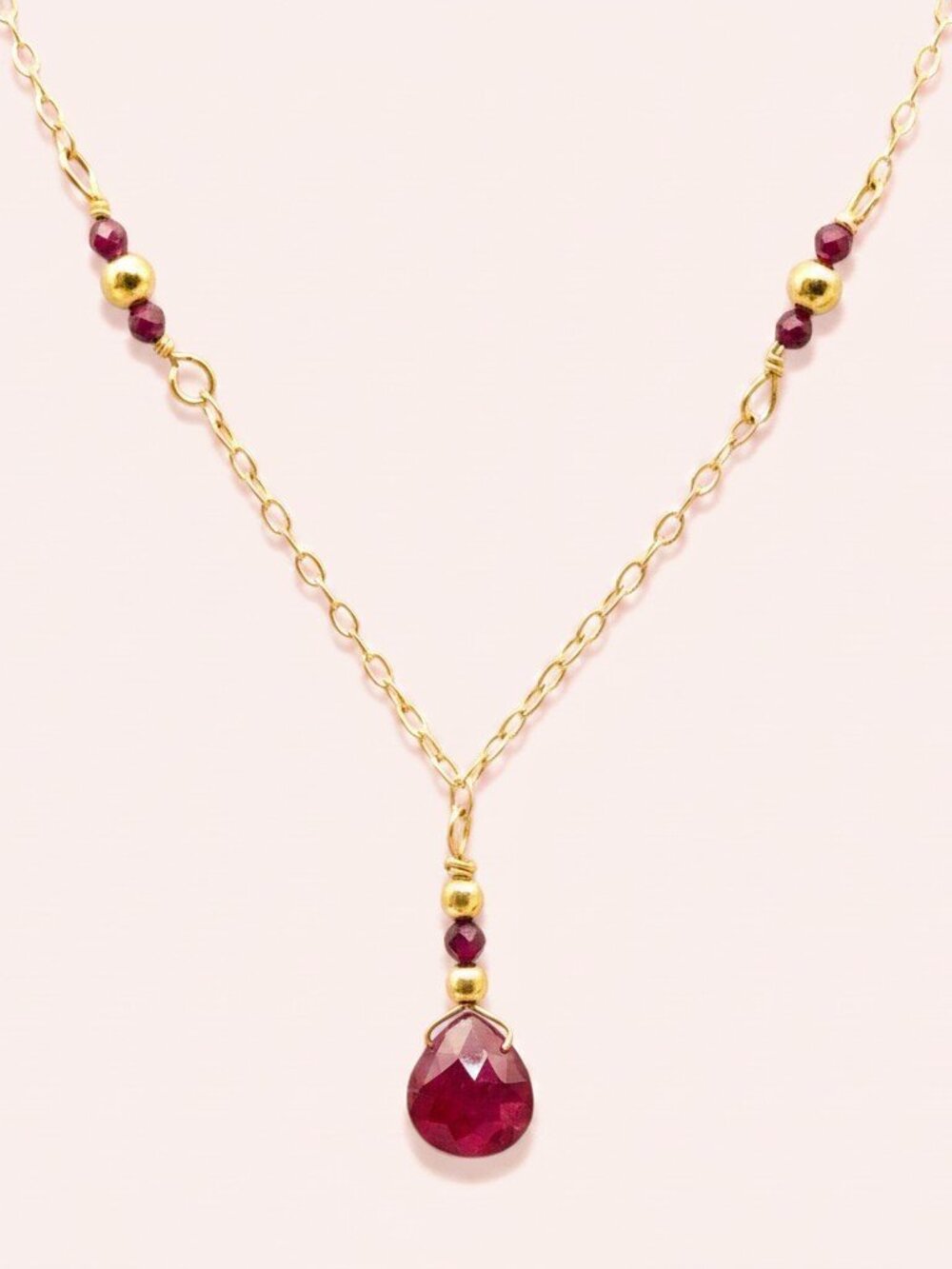 Feminine Ruby Necklace Handmade with 14k Gold Filled Wire